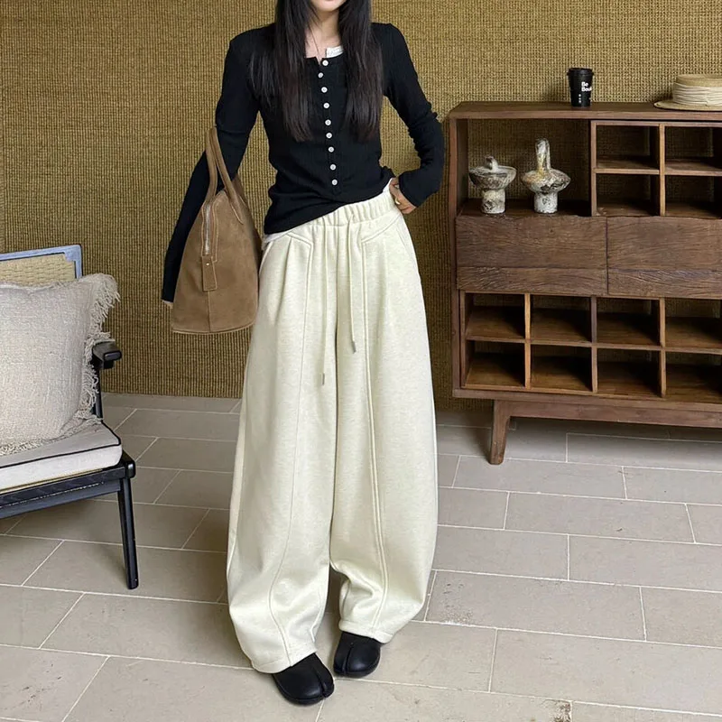 High-Waisted Woolen Wide Leg Trousers Female Autumn Winter Plus Velvet Thicken Warm Pants Woman All-Match Baggy Casual Pants