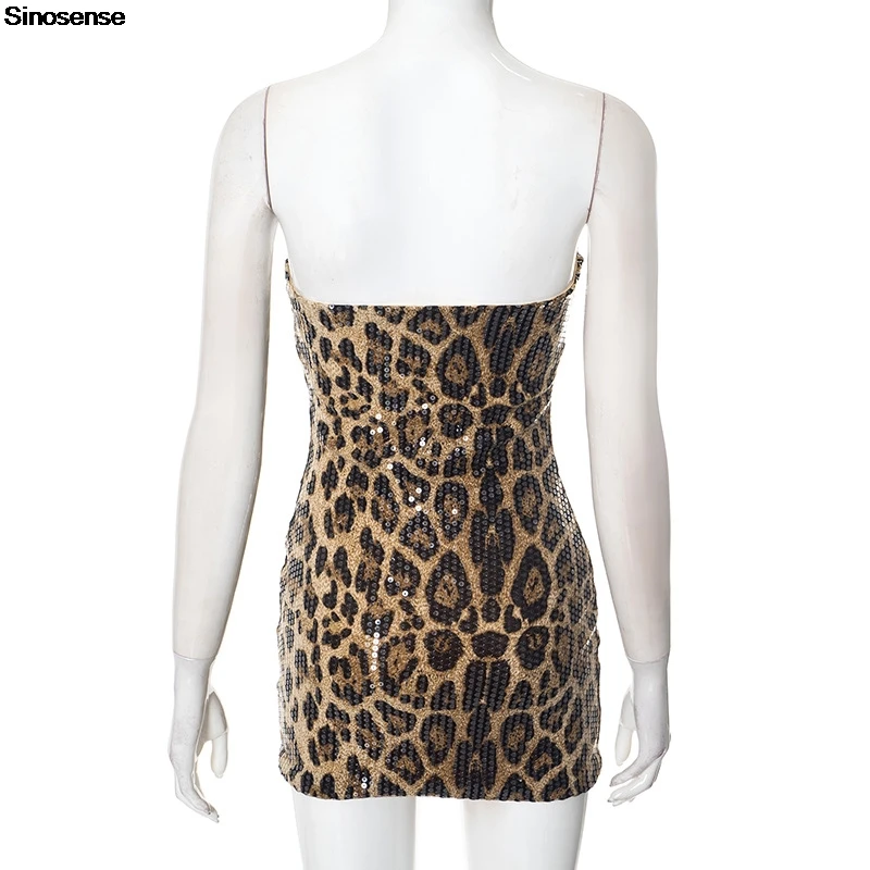 Women Sexy Strapless Tube Top Bodycon Mini Dress Leopard Print Slim Tight Fitted Dress Y2K Night Club Party Sequin Dress