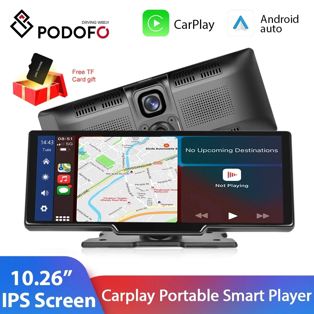 Podofo 10.26'' Car Mirror Monitor HD Video Player Carplay Android Auto DVR Dashboard GPS Navigation Rearview Camera AI Voice