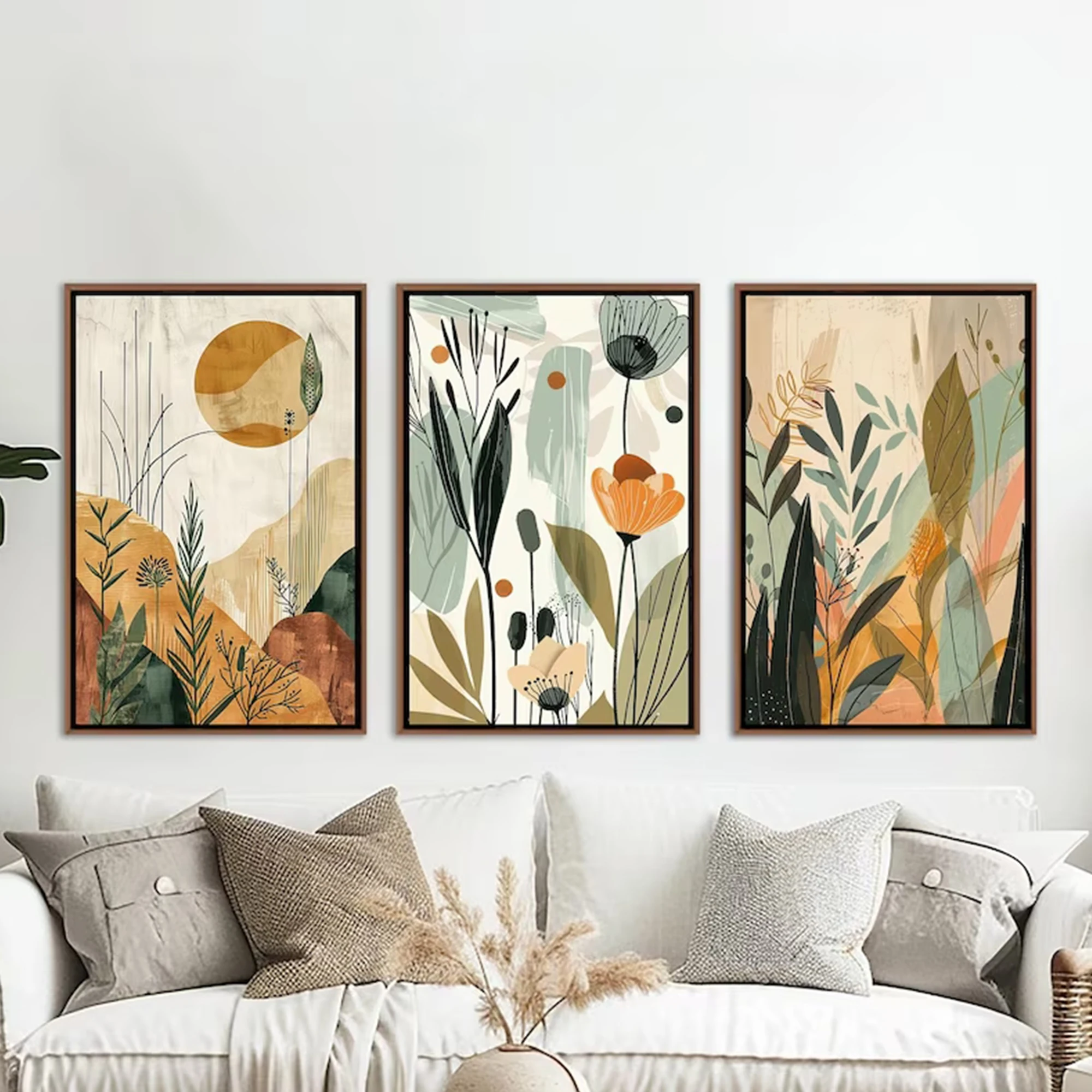 3 Pieces Boho Abstract Botanical Canvas Wall Art, Earth Tone Wild Flower Landscape Print For Living Room Decor