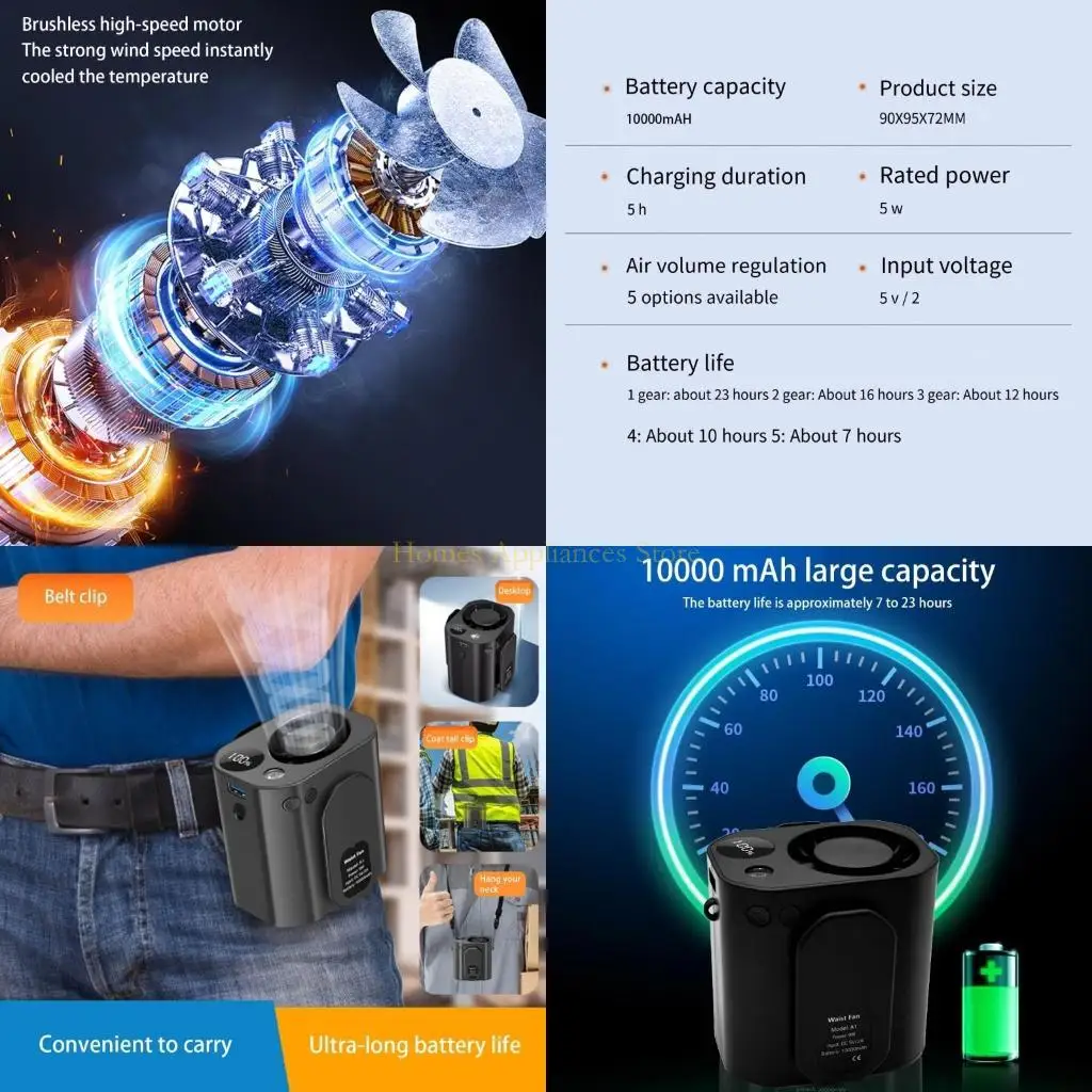 

D0AB Портативный перезаряжаемый вентилятор по талии для походов. Использование без блюди. Электрический вентилятор