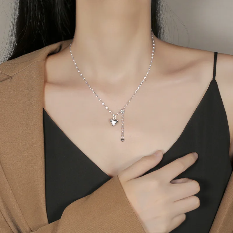 S925 Sterling Silver Necklace Glossy Love Necklace Peach Heart Niche Lip Chain Water Wave Chain Collarbone Chain Women's