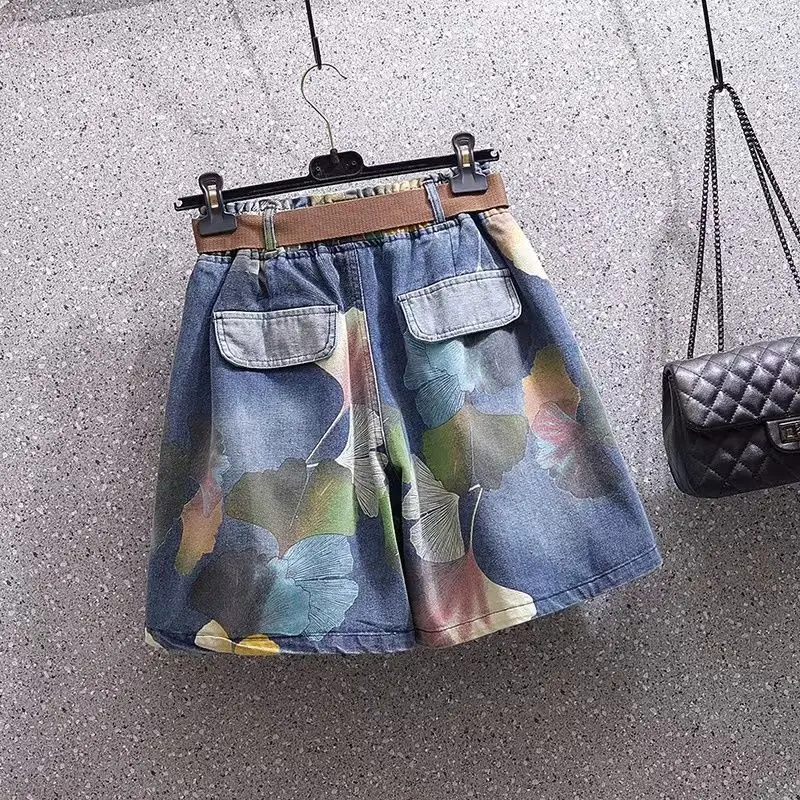 Ethnic Style Painted Denim Shorts for Women Fashionable Wide-leg Versatile Slim and Elastic Waist Five-point Pants