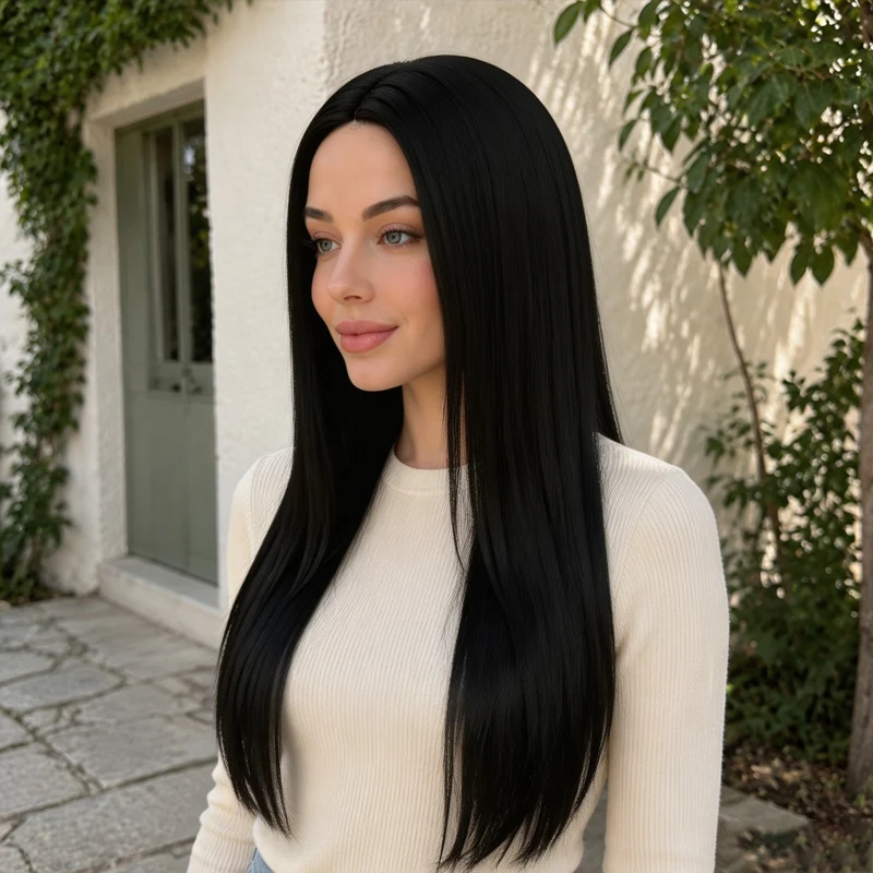 28-inch long, straight black synthetic wig with a center parting, voluminous and flowing, suitable for all women.