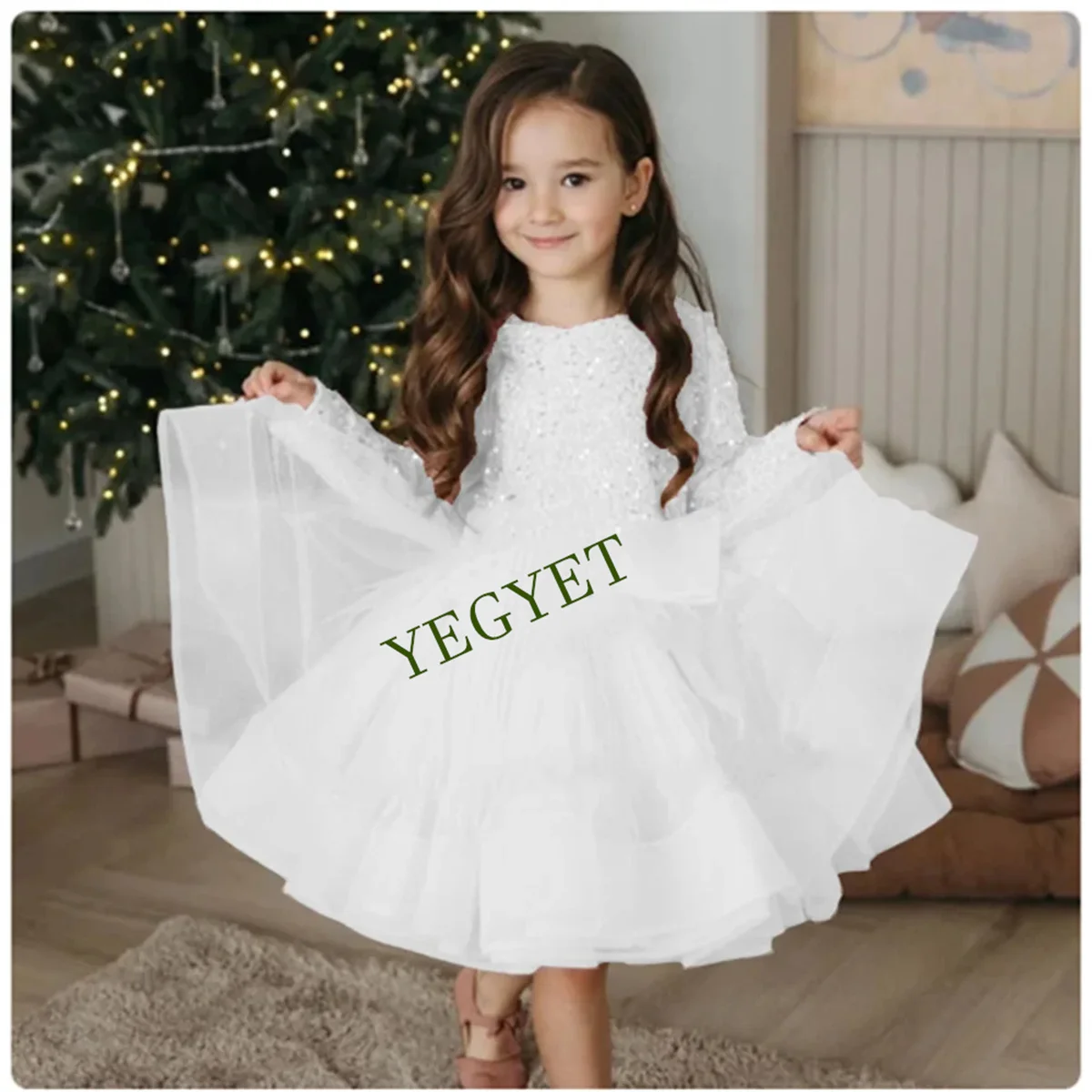 

White Birthday Flower Girls Dresses for Kids 2024 Summer Full Sleeve Communion Gowns with Sequined Zipper Back Wedding Prom