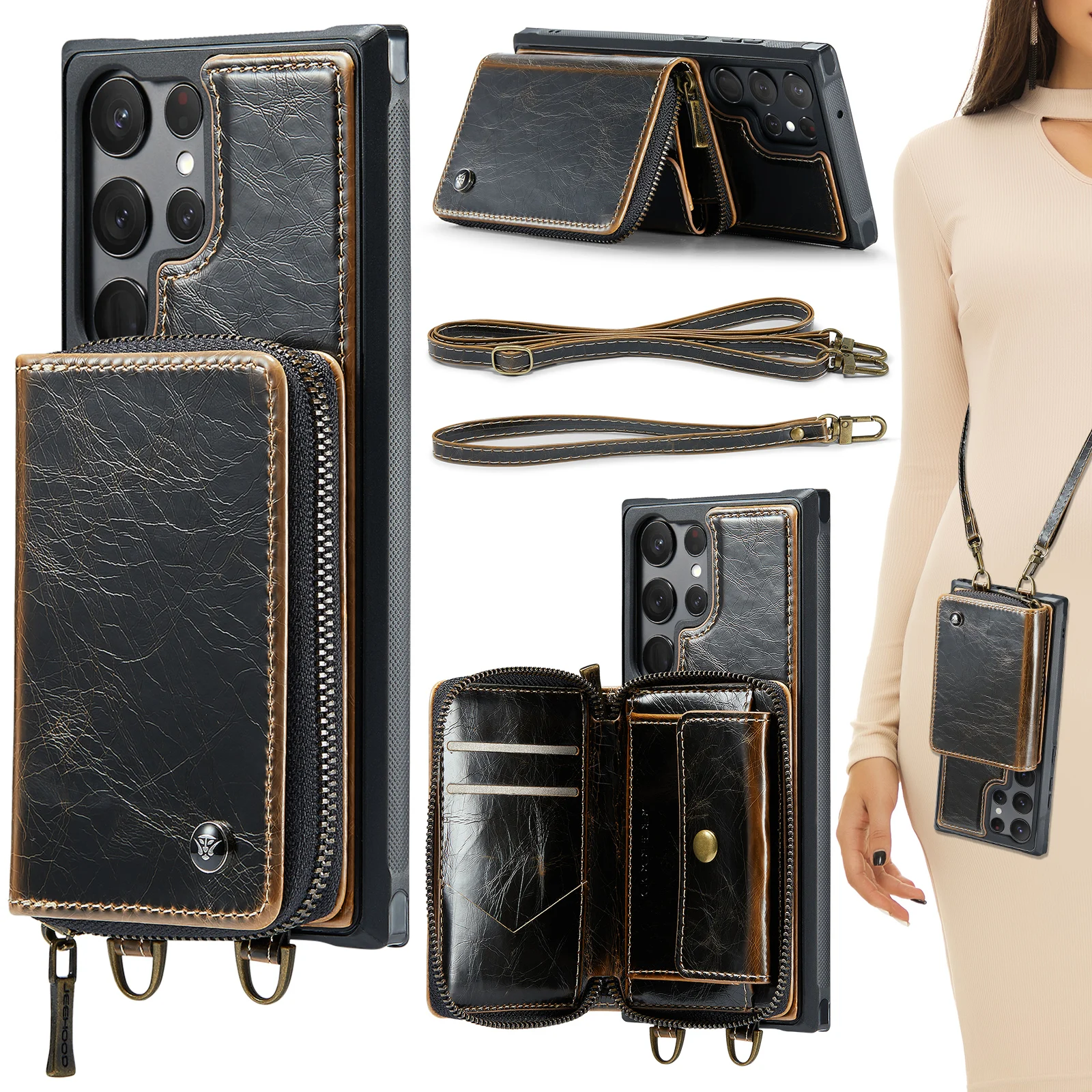 

Zipper Wallet Leather Phone Case with Dual Lanyard for Samsung Galaxy S21 22 23 PLUS S21 22 23ULTRA