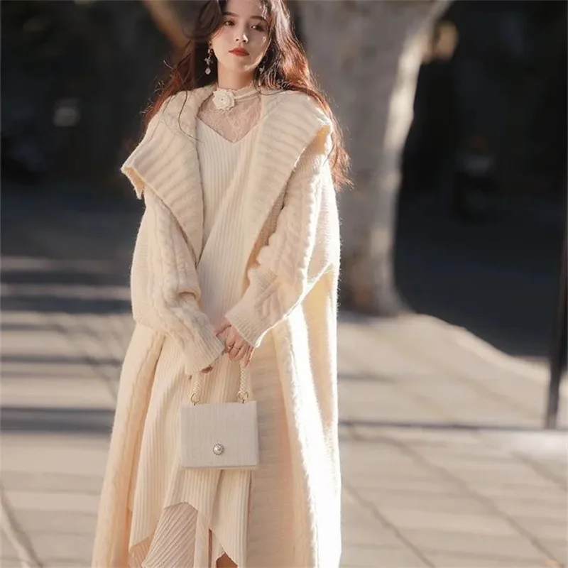 2024 Autumn/Winter Female Loose Lazy Style Knitted Coat Women French Retro Collar Medium length Sweater Knitted Cardigan Coat