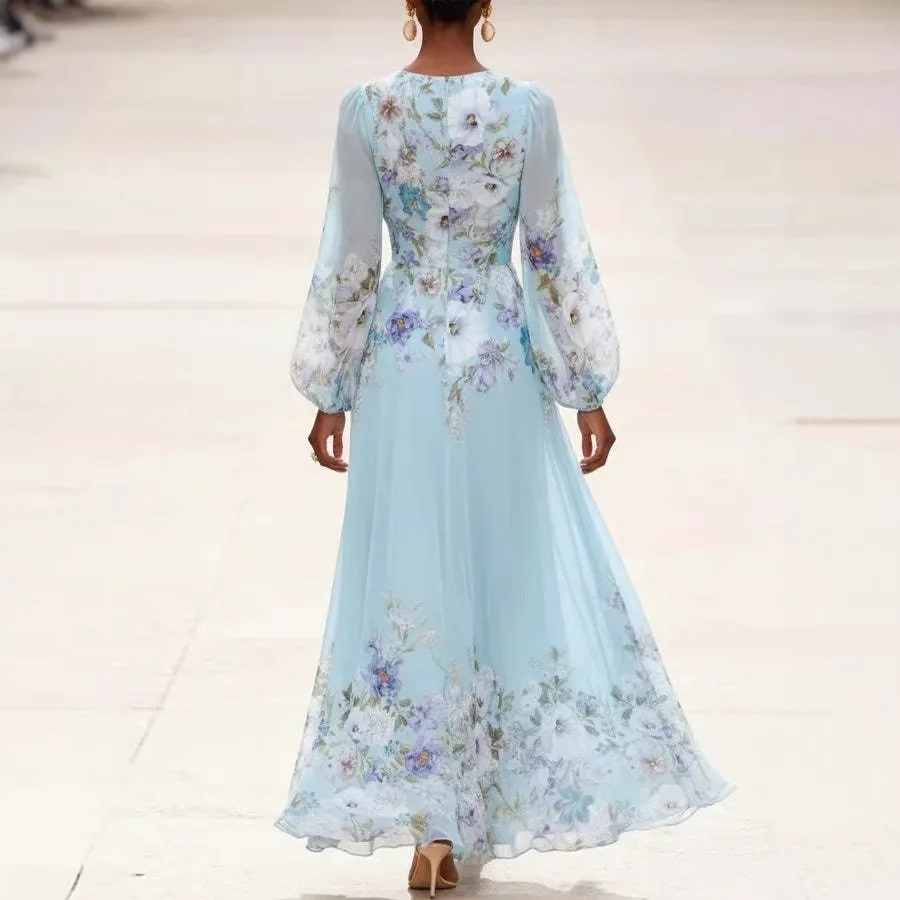 Spring Summer Women's Sheer Long Sleeve Digital Floral Print Maxi Dress Elegant Dresses Evening Outfit Blouse Top - view 2