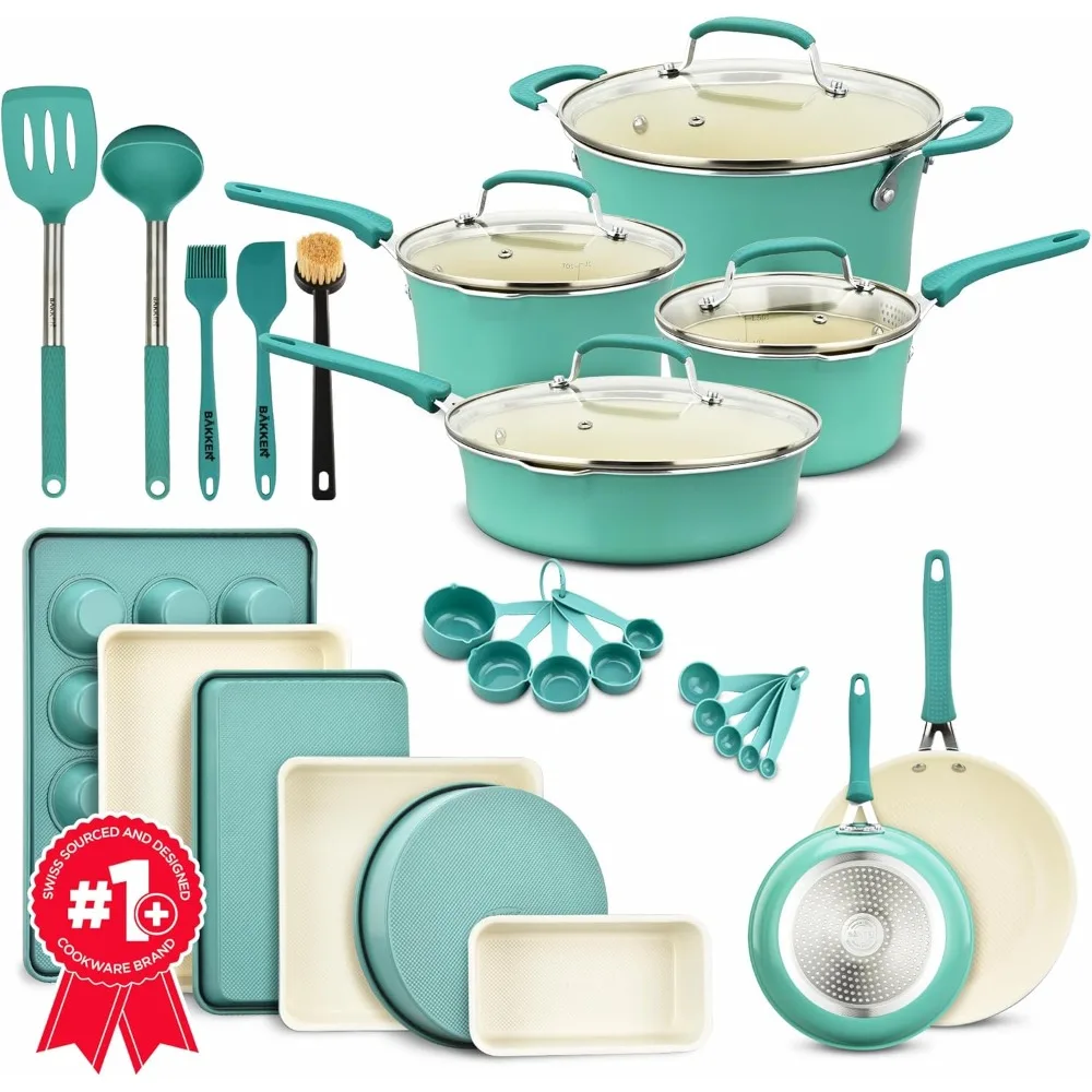 Cookware Set – 23 Piece –Aqua Multi-Sized Cooking Pots with Lids, Skillet Fry Pans and Bakeware – Reinforced Pressed Aluminum