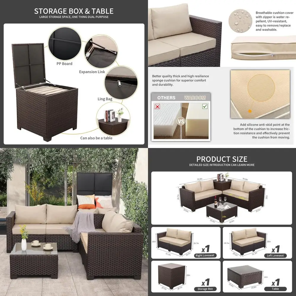 

4-Piece Outdoor Rattan Sectional Set with Storage, Glass Top Table, and Khaki Cushions