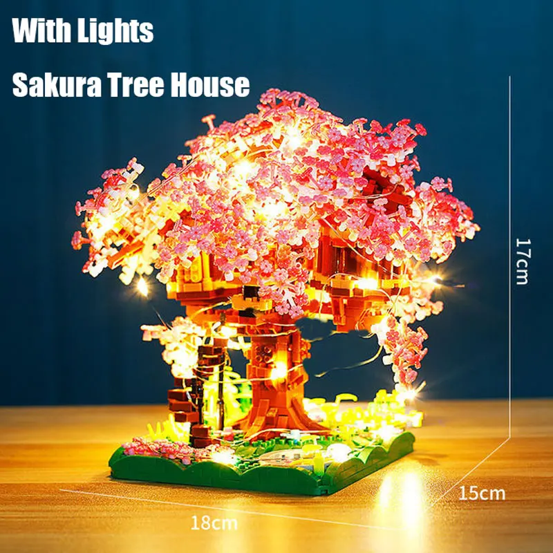 With Lights Sakura Tree House Building Blocks City Cherry Blossom Japanese Friends Street View Mini Bricks Toys Chsristmas Gifts