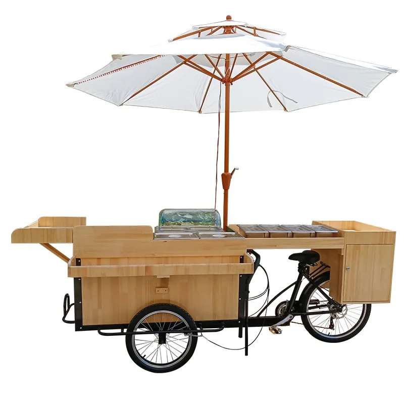 

Scenic spot three-wheeled food cart multi-functional solid wood mobile night market market food cart food street outdoor trolley