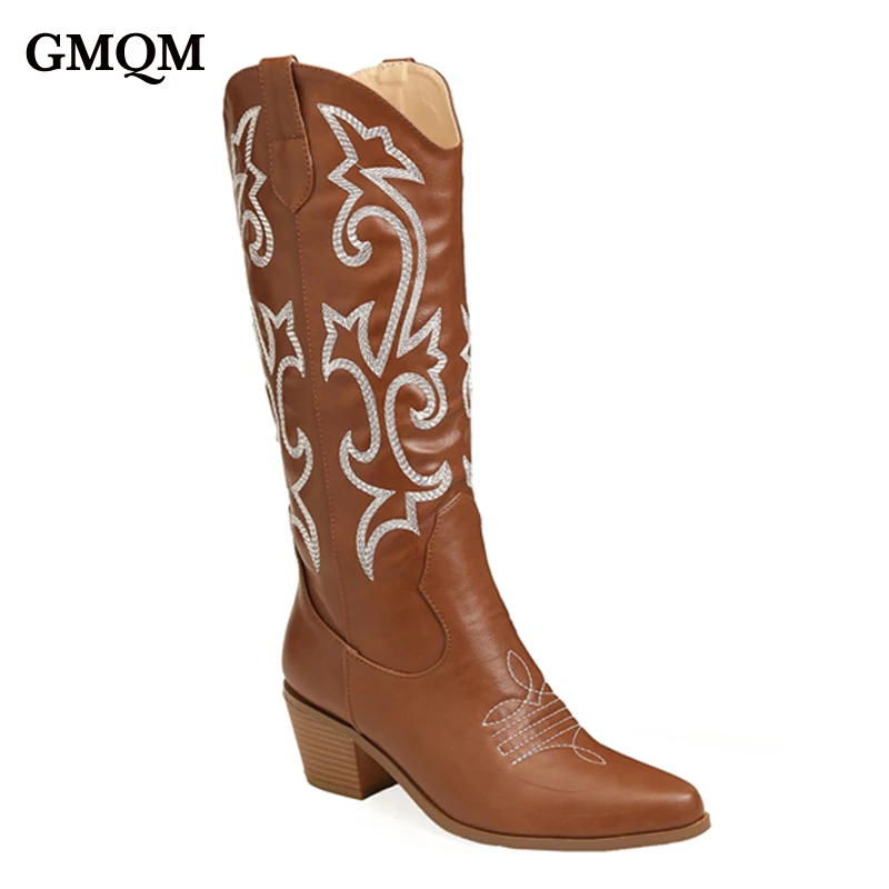 

GMQM Women's White Knee High Boots Western 2022 Cowboy Boots Wide Calf Embroidered Pointed Toe Block Heel Pull-On Cowgirl Boots