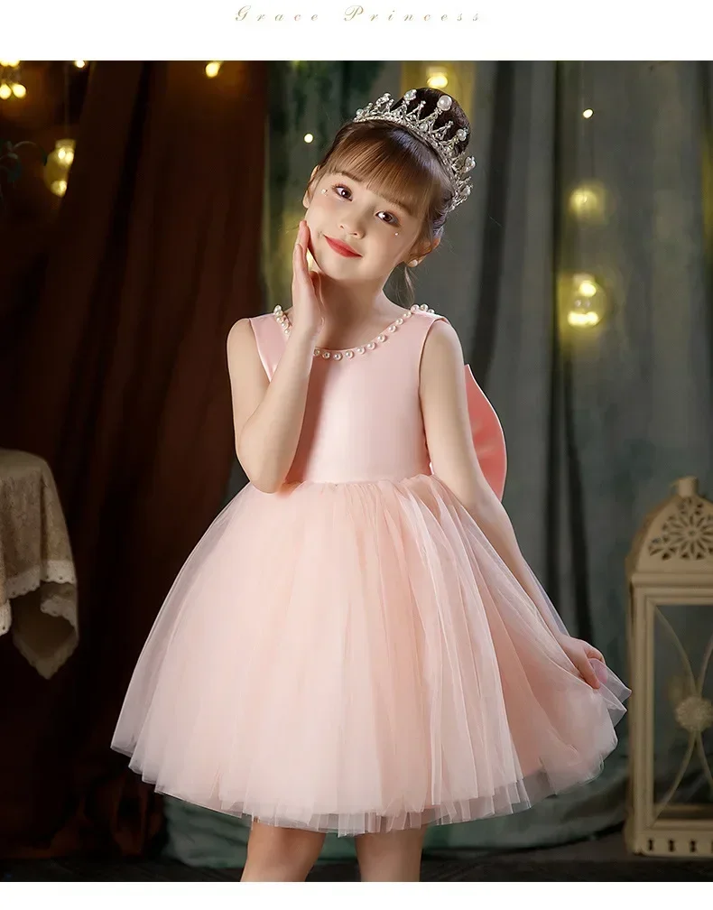 Elegante Prinzessin Kind Blumen mädchen Kleid Geburtstag Tüll knielange Bogen Perlen Hochzeits feier heilige Kommunion Kleid für Kinder Baby