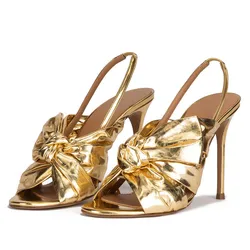 Fashion Spring Women High Heels Sandals Golden Elastic Band Strap Ties Pointed Toe Shoes Classic Ladies Butterfly-Knot Sandal