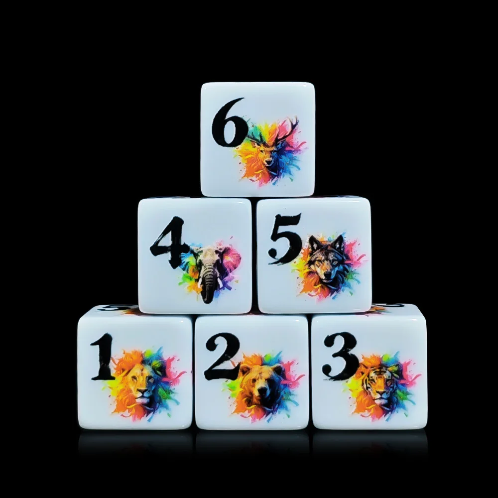 12Pcs 16MM Acrylic D6 Game Dice, Color Splash Wildlife Animal Portrait Printed Six Sided Cube For Tabletop Gaming
