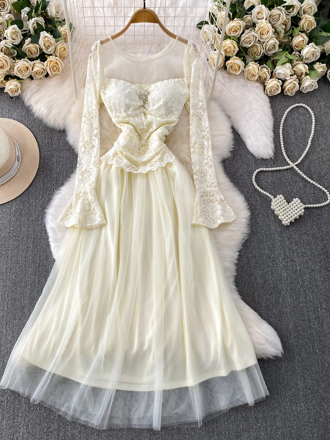 

Ele Lace Splice round Ne Long Dr Women's Autumn Winter Sexy Dra Gown Ladylike Skirt for Date Night Outfits