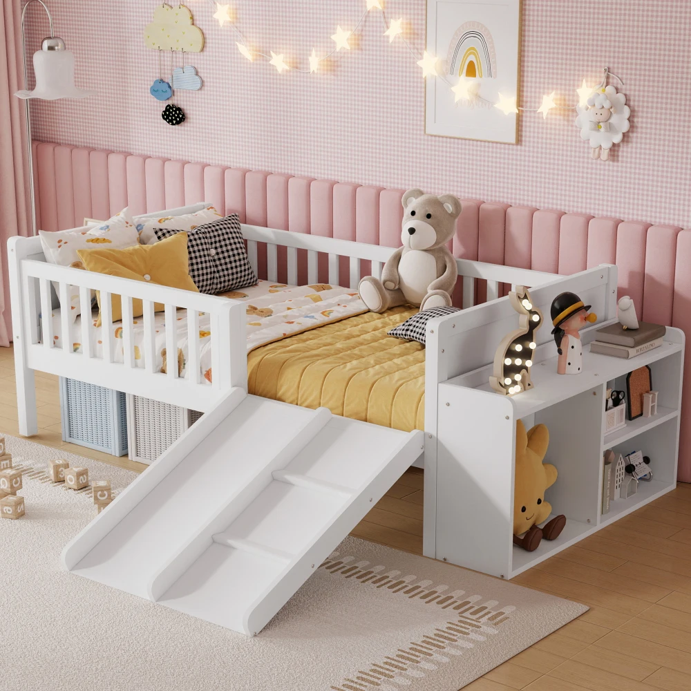 

Twin Low Loft Bed for Kids: Slide, Movable Bookshelf, Guardrails, White (Arrival:2026/4/3)