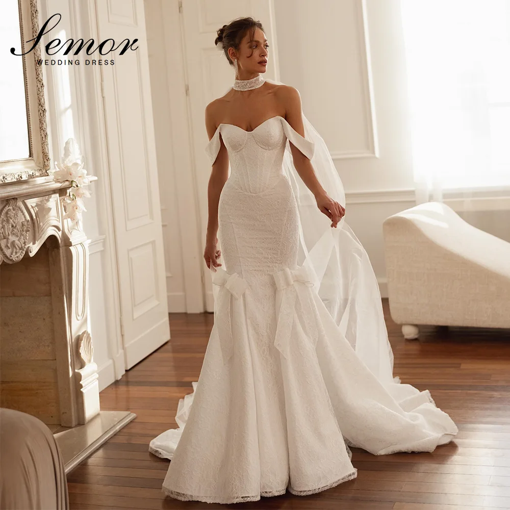 Semor Charming Lace Wedding Dress Off Shoulder with Long Scarf Bow Mermaid Sweep Train Bridal Gown Customized Vestido De Noiva