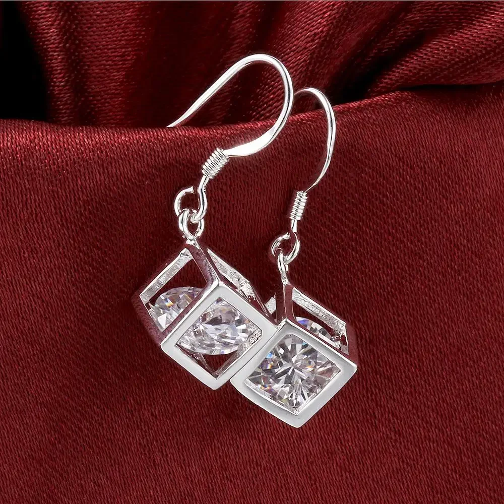 

Hot Pretty 925 Sterling Silver Noble Crystal Lattice Earrings for Women Sweet Romantic Wedding Party Jewelry Holiday Gifts