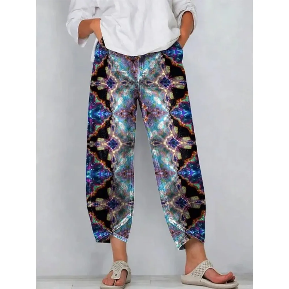Kurze Harem-Capri-Hose mit abstraktem geometrischem Aufdruck für Damen, Baumwolle, lockere Passform, Tulpen-Wickelhose, knöchellange Freizeithose, XXS-4XL – Detail 16