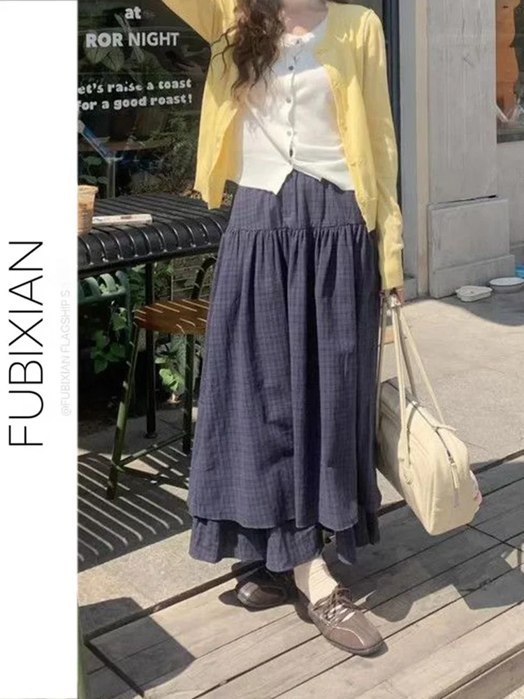 

Повседневная синяя двухслойная клетчатая юбка А-силуэта с высокой талией, стройнящая, в стиле lazy chic, длинная юбка для молодых женщин и девушек