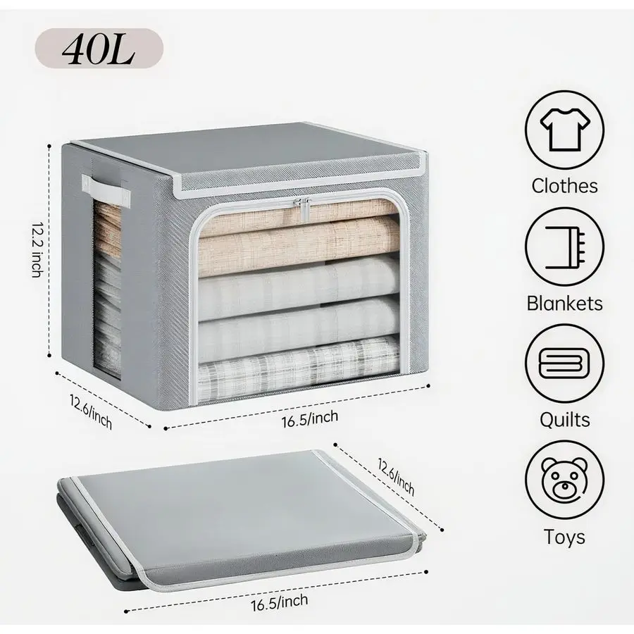 Clothes Storage Bins with Metal Frame, 40L Foldable Clothing Storage Bins with Lid, Stackable Zippered Clothes Storage Bags, Oxf