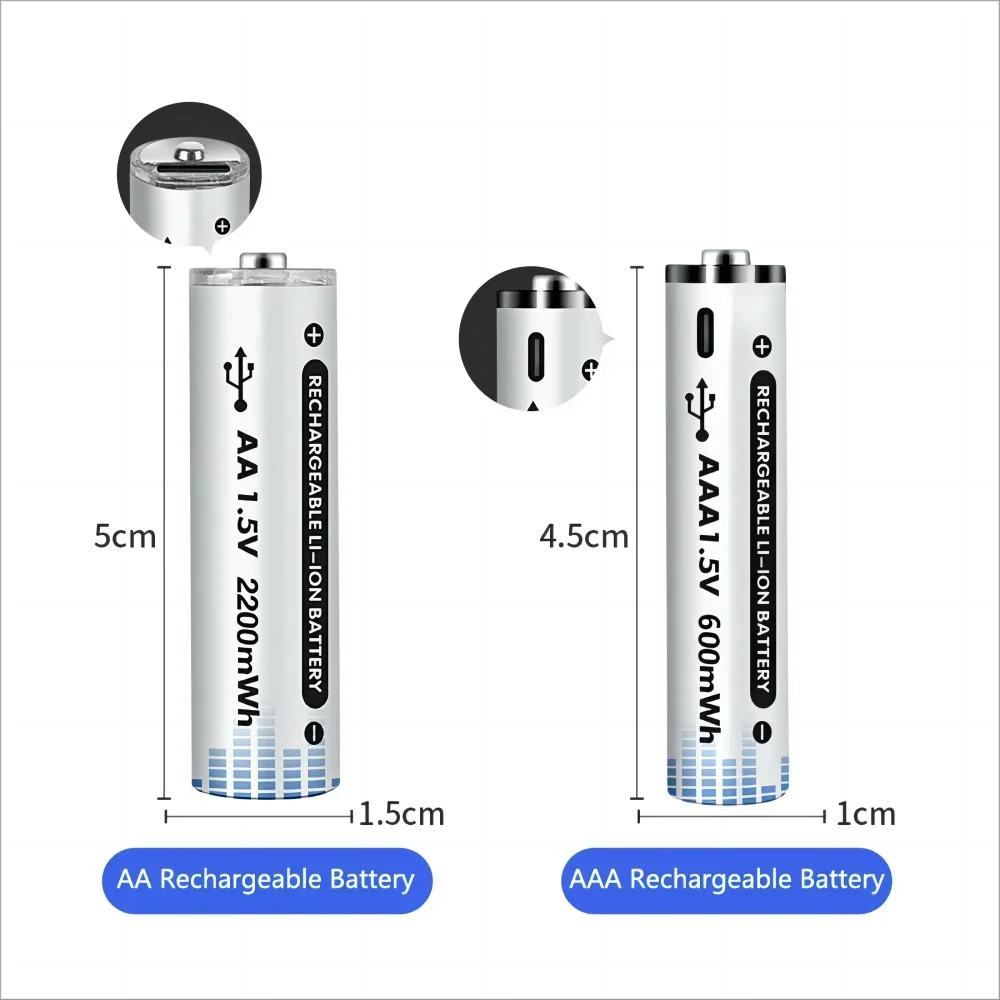 Genuine Rechargeable AA Batteries 2200mWh Large Capacity Type-C Fast Charge 600mWh AAA 1.5V Polymer Lithium Battery for Toy etc