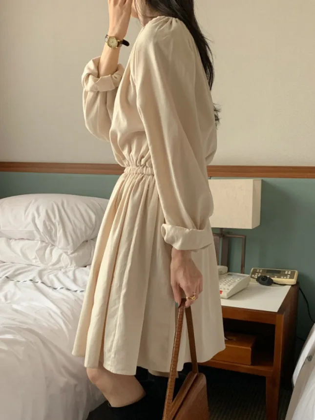 Chic Vintage Button up V-Ne Lose Elastische Taille Blase Sve Dr Damen Faion Frühling Herbst Winter Casual Street Sle