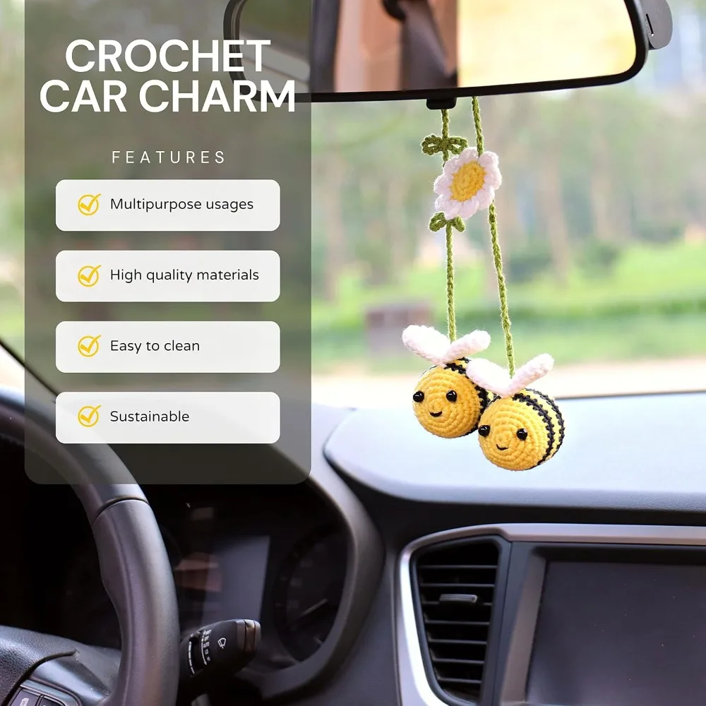 Cute Crochet Bee Car Rearview Mirror Pendant Handmade Yarn Bumblebee Hanging Ornament Bag Keychain Auto Interior Decor