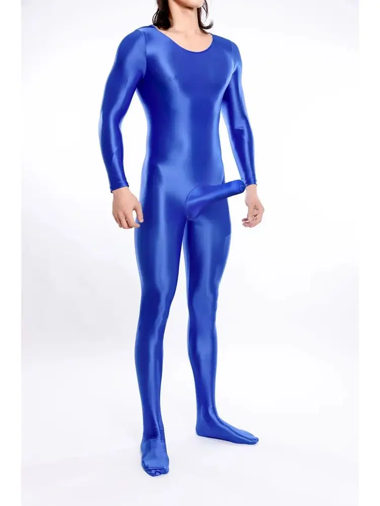 لامعة لامعة Catsuit الرجال مثير بوديستوكينج مع غمد ارتداءها الكبار بسط يوتار الملتصقة Unitard منامة الملابس الداخلية