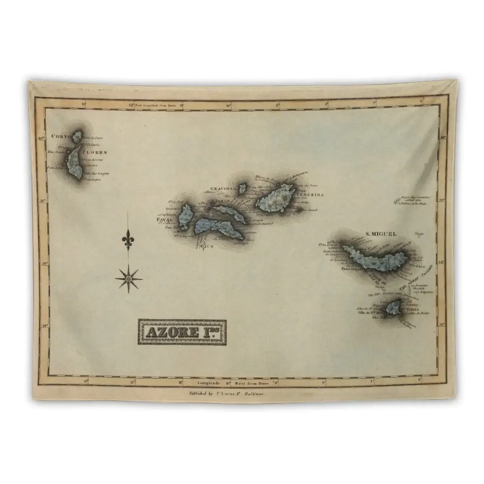 Vintage Azores Islands Map (1823) Tapestry Wall Art Decorations For Your Bedroom Aesthetic Room Decorations Tapestry