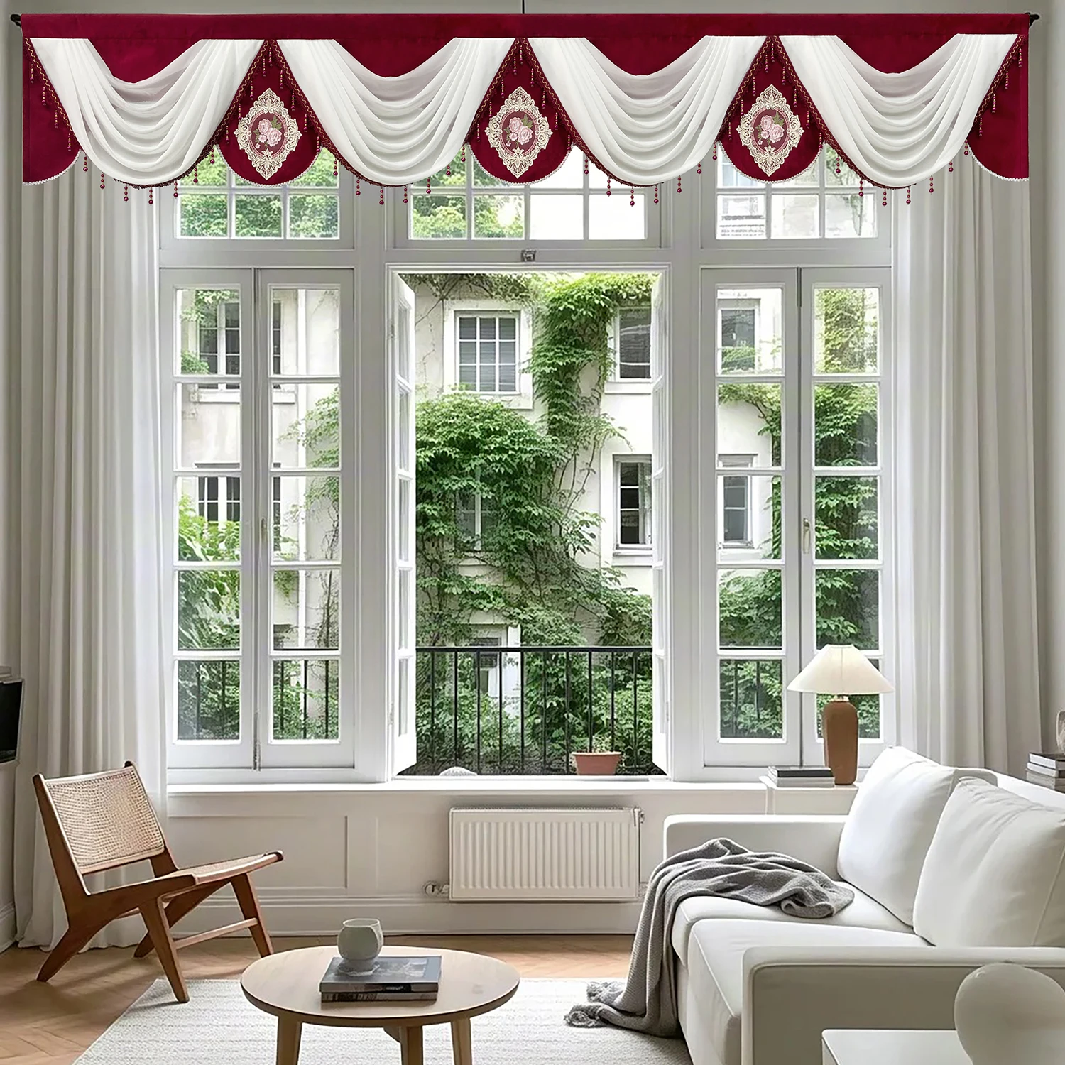 1PC American Curtain Head Luxury Red White Valance for Living Room Wavy Window Drape With Beads Hotel Villa Home Decoration #E