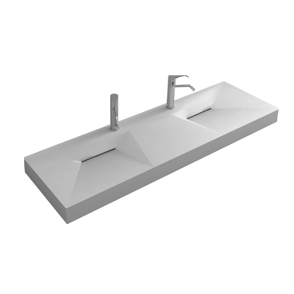 Bathroom Rectangular Wall Hung Vessel Sink Matt Solid Surface Stone Double Wash Basins Hidden Style Drain RS38429A