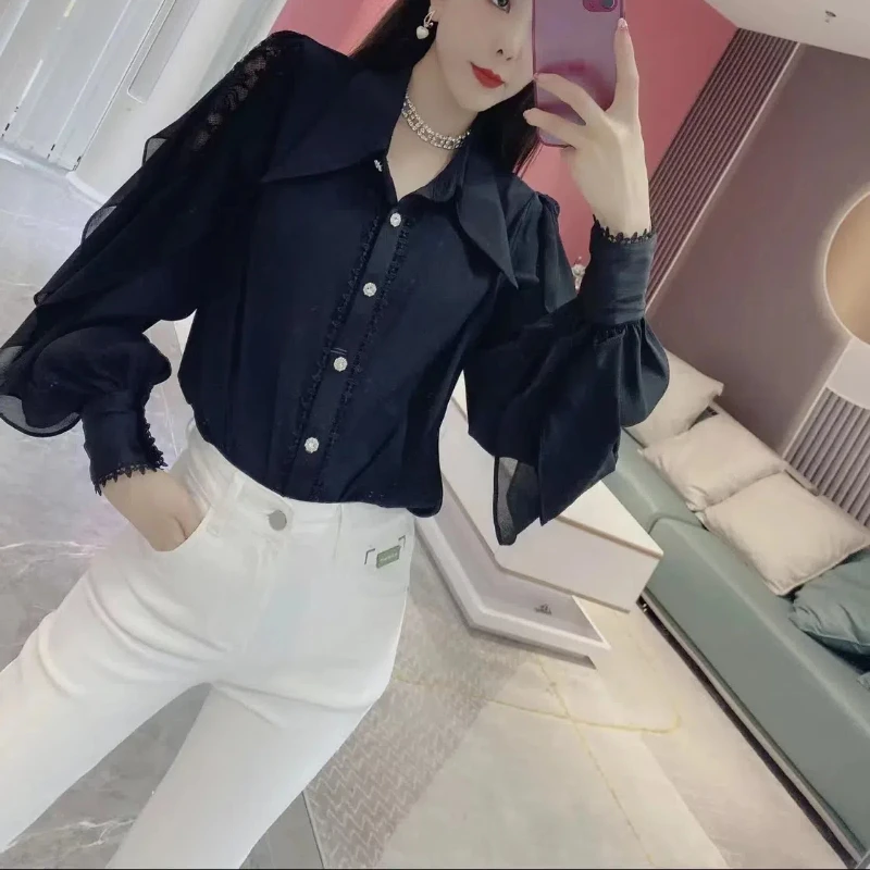 Spring Autumn Turn-down Collar Long Sleeve Fashion Shirt Women High Street Ruffles Patchwork Button Cardigan Elegant Chic Tops