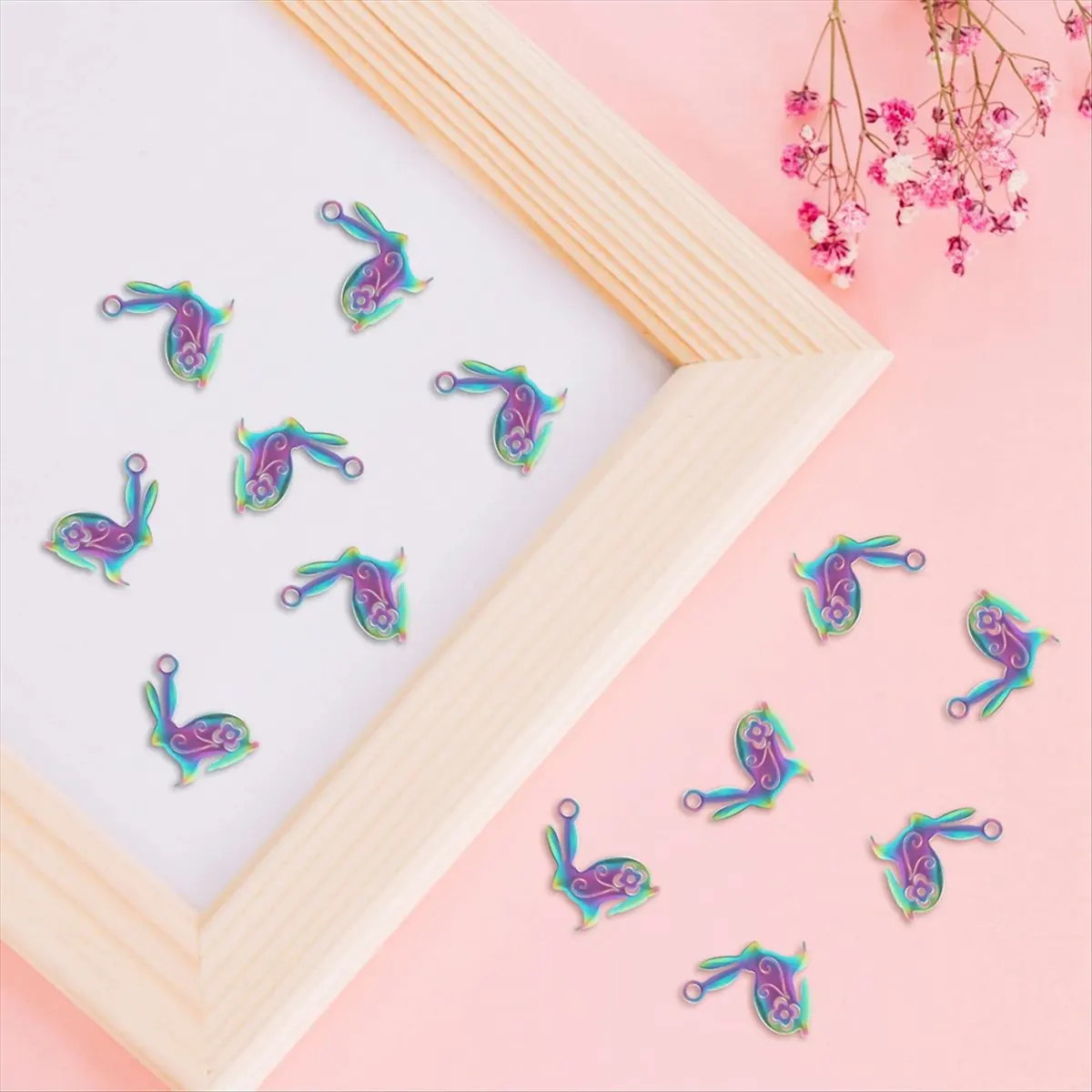 ABUA 20 PCS Stainless Steel Charms, Easter Bunny Pendants with Hollow Flower, Small Animal Metal Charms,Multicolor