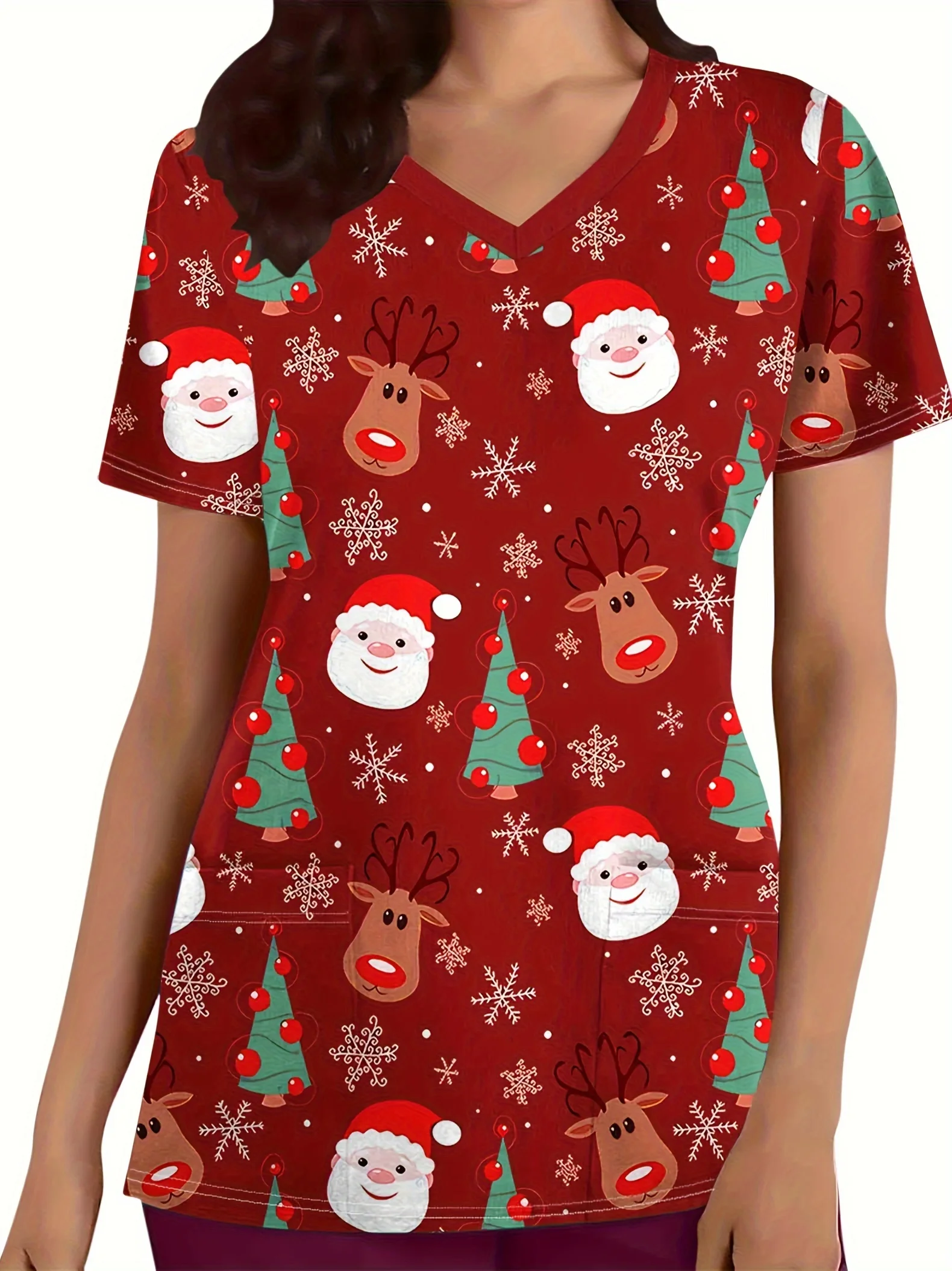 Festive Christmas Santa Claus Print V-Neck Top with Pockets Comfortable Stylish Women's Nurse Uniform,Short Sleeve,Polyester