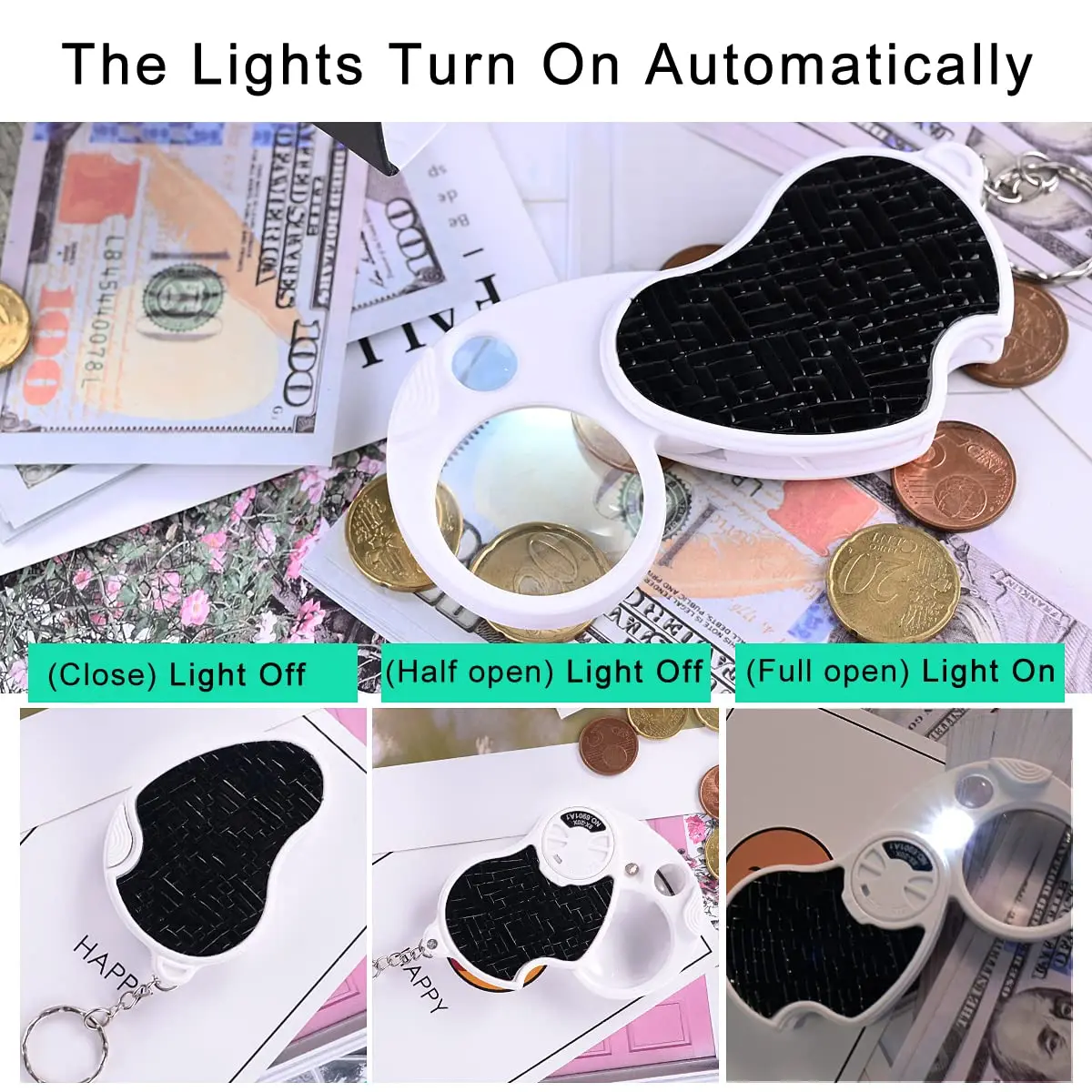 8X 20X Folding Pocket Magnifying Glass Illuminated Magnifier with LED Light Keychain Handheld Jewelry Coins Loupe for Seniors