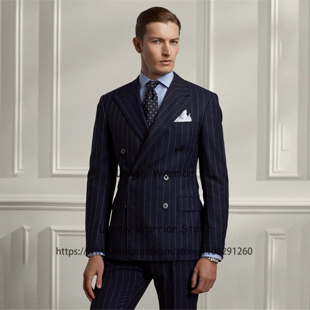 Abito da uomo classico a righe blu Navy Blazer doppiopetto da lavoro giornaliero smoking da banchetto Slim Fit Set da 2 pezzi Terno Masculino