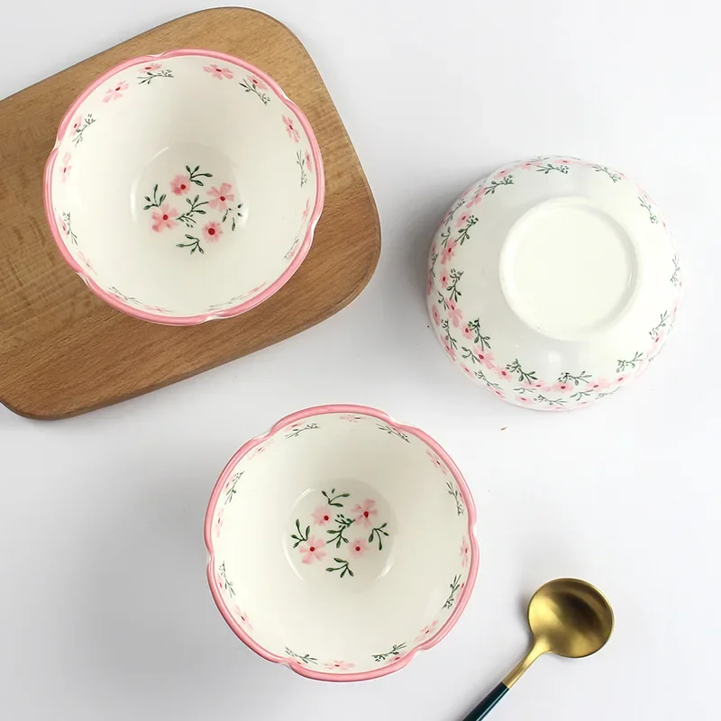 Flower Printed Floral Edge Ceramic Rice Bowl Japanese Style Cute National Style Tableware Salad Ramen Kitchenware