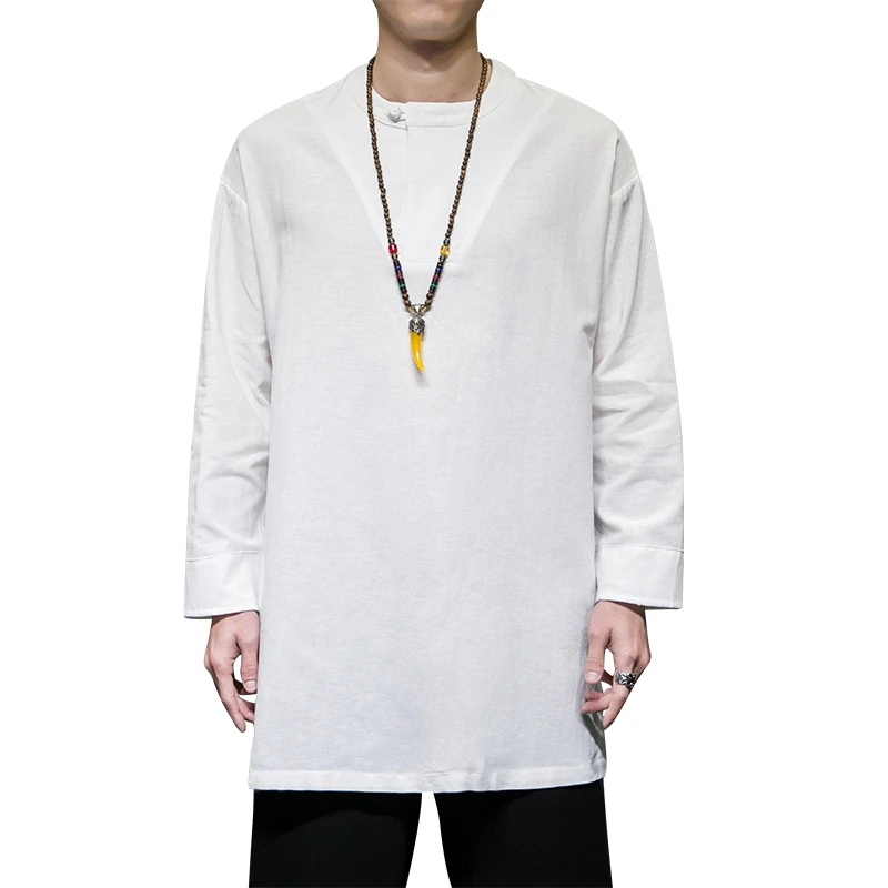 Men's Plus Size Vintage Long Sleeve Pullover Shirt Oversized Mid-Length Casual Top Collarless Clothing Spring Autumn Wear M-5XL