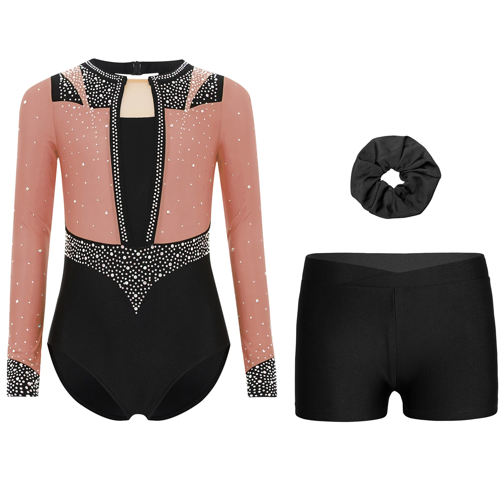 

Kids Girls Gymnastics Dance Costume 3 Piece Set Keyhole Back And Rhinestone Ballet Leotard+Shorts+Hairband for Ice Skating Dance