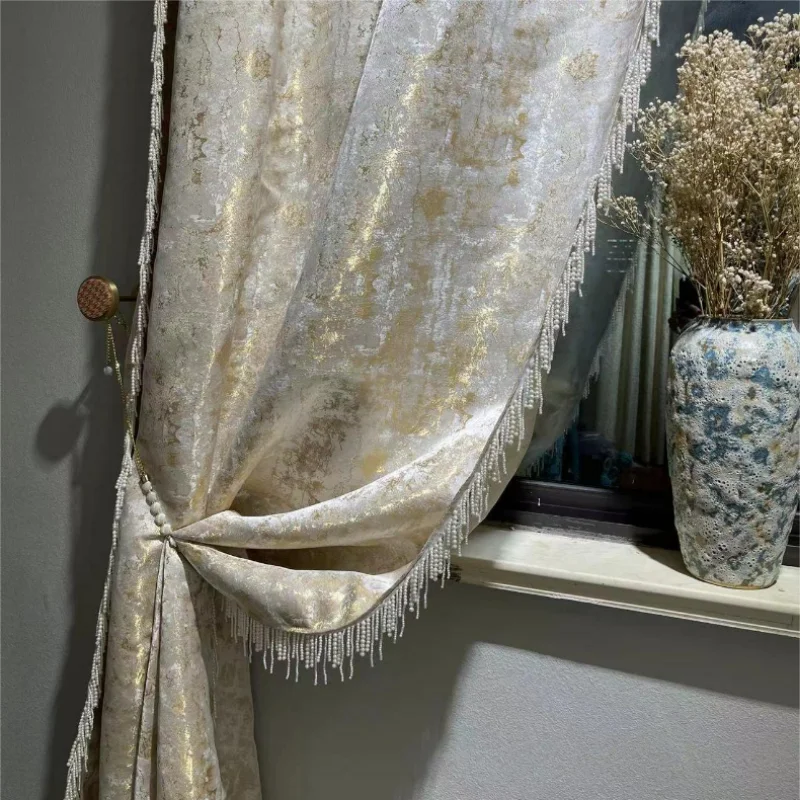 Modern American Luxury Curtains for Living Room and Bedroom Jacquard Gold Wire Dark Pattern High-precision Curtain Pearl Tassel