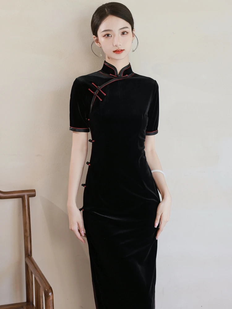 

Ele Long Bla Шелковый бархат Женская традиционная китайская одежда для выступлений ow off Повседневная одежда для похудения