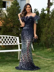 New Sequin Lotus Leaf Evening Dress for Banquet Sexy Off Shoulder Temperament Fishtail Skirt Long Toasting Dress for Women