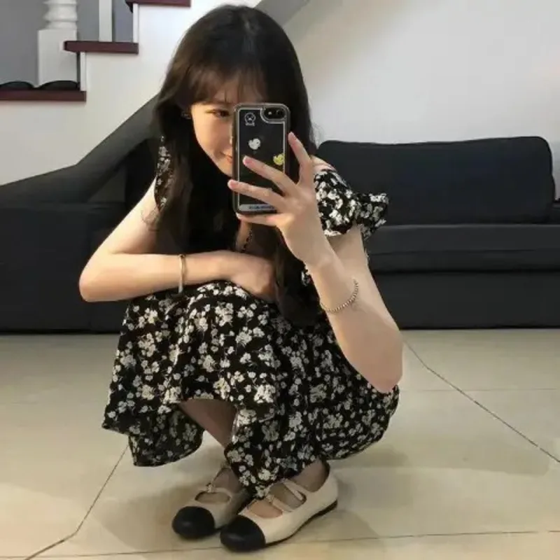 フレンチスタイル ブラック クラッシュフラワー ワンピース レディース 夏新作 ウエストマーク ロングスカート レディース服 花柄 マキシワンピース