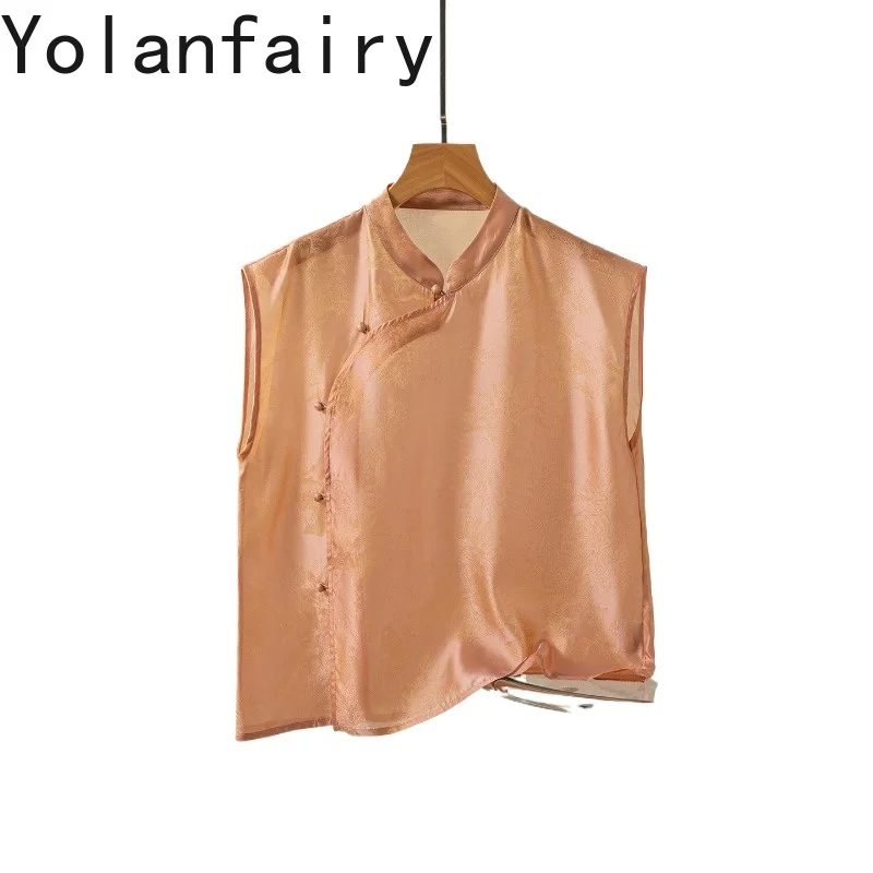

YOLANFAIRY 100% Real Mulberry Silk Tank Tops Woman Summer 2026 Fashion Stand Collar Shirts and Blouses Elegant Women's Tanks