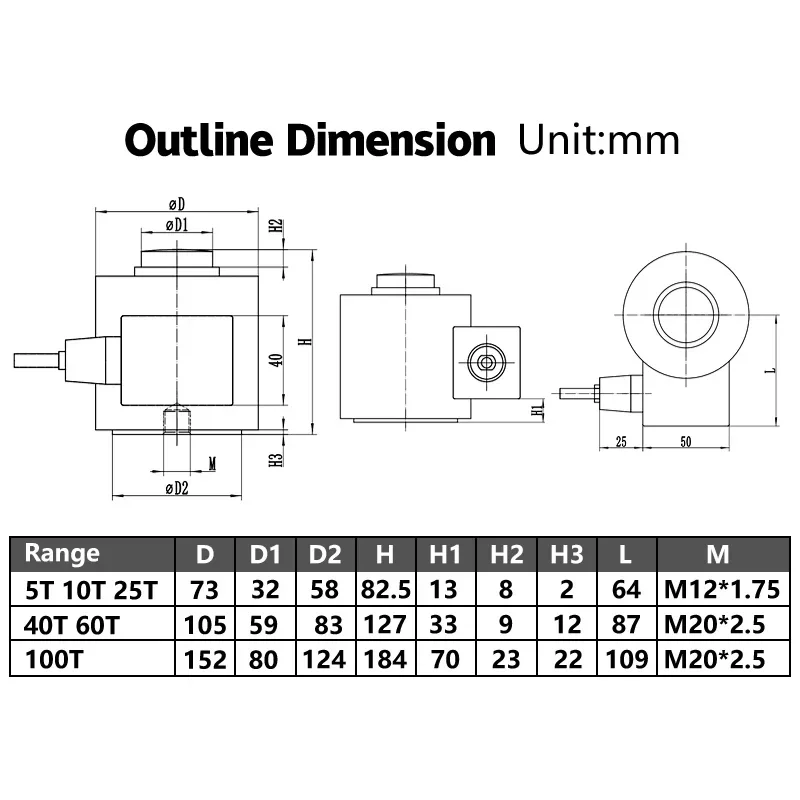 30T 100T High Accuracy Compression Load Cell Force Sensor for Batch Tank Weighing Scale Industrial Automation