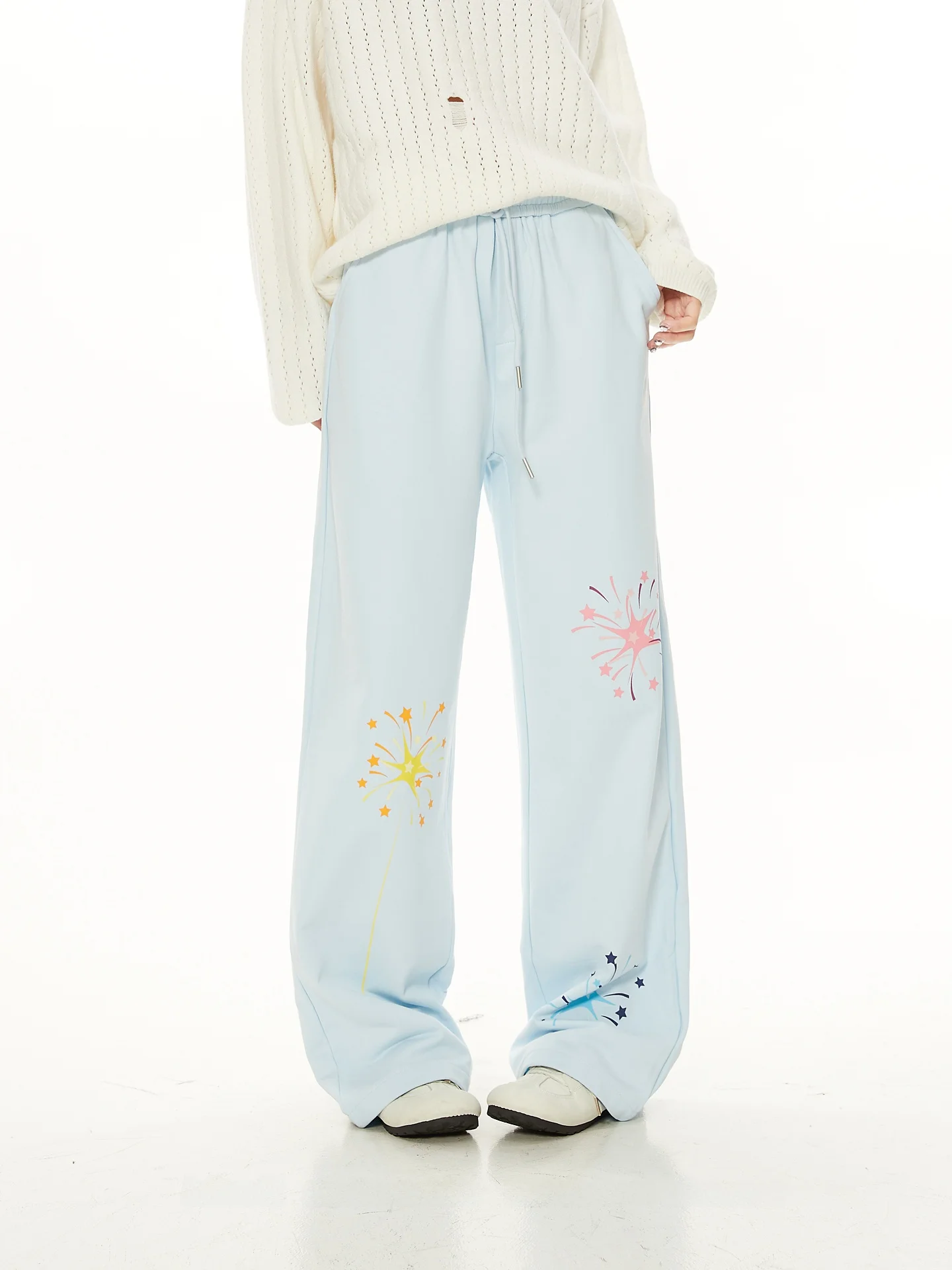 

Мягкие синие корейские прямые повседневные брюки Dopane для женщин, весенне-летние спортивные штаны с эластичным поясом и принтом «Фейерверк»