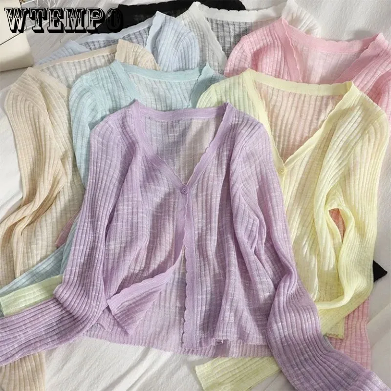 V-neck Thin Knit Cardigan Sweet Cute Women Long Sleeve Coat Single Buckle Crop Top Korean Fashion Solid Simple Casual Commuting